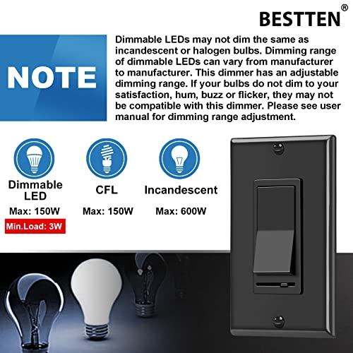 [2 חבילה] מתג אור קיר של Bestten Dimmer, קוטב יחיד או 3-כיוונים, תואם לנורות LED, ליבון, הלוגן ו- CFL, כלול וולט, UL רשום, שחור מבריק